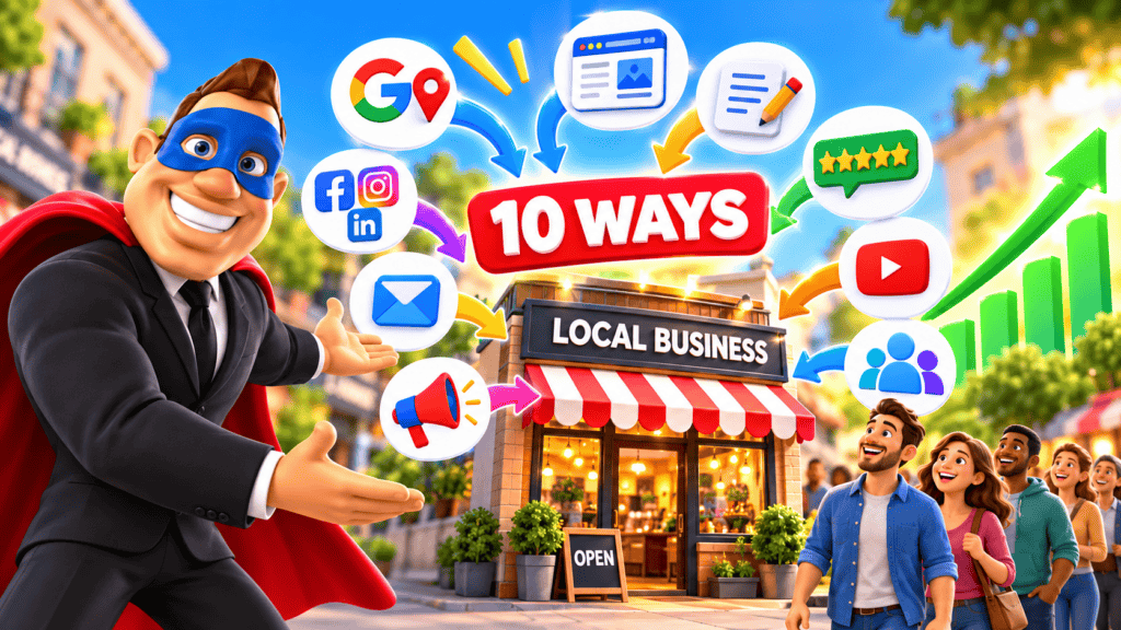 Bizi Guy showing ten ways to promote a local business and get more customers using search, social media, reviews, video, email and other marketing channels