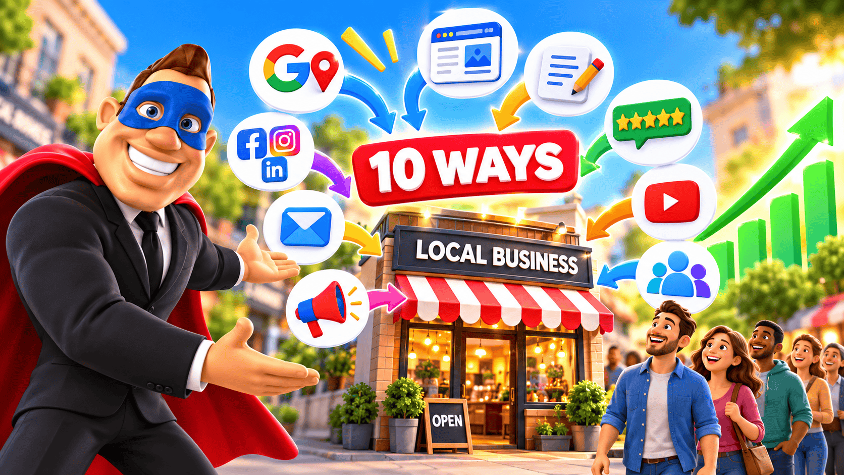 Bizi Guy showing ten ways to promote a local business and get more customers using search, social media, reviews, video, email and other marketing channels