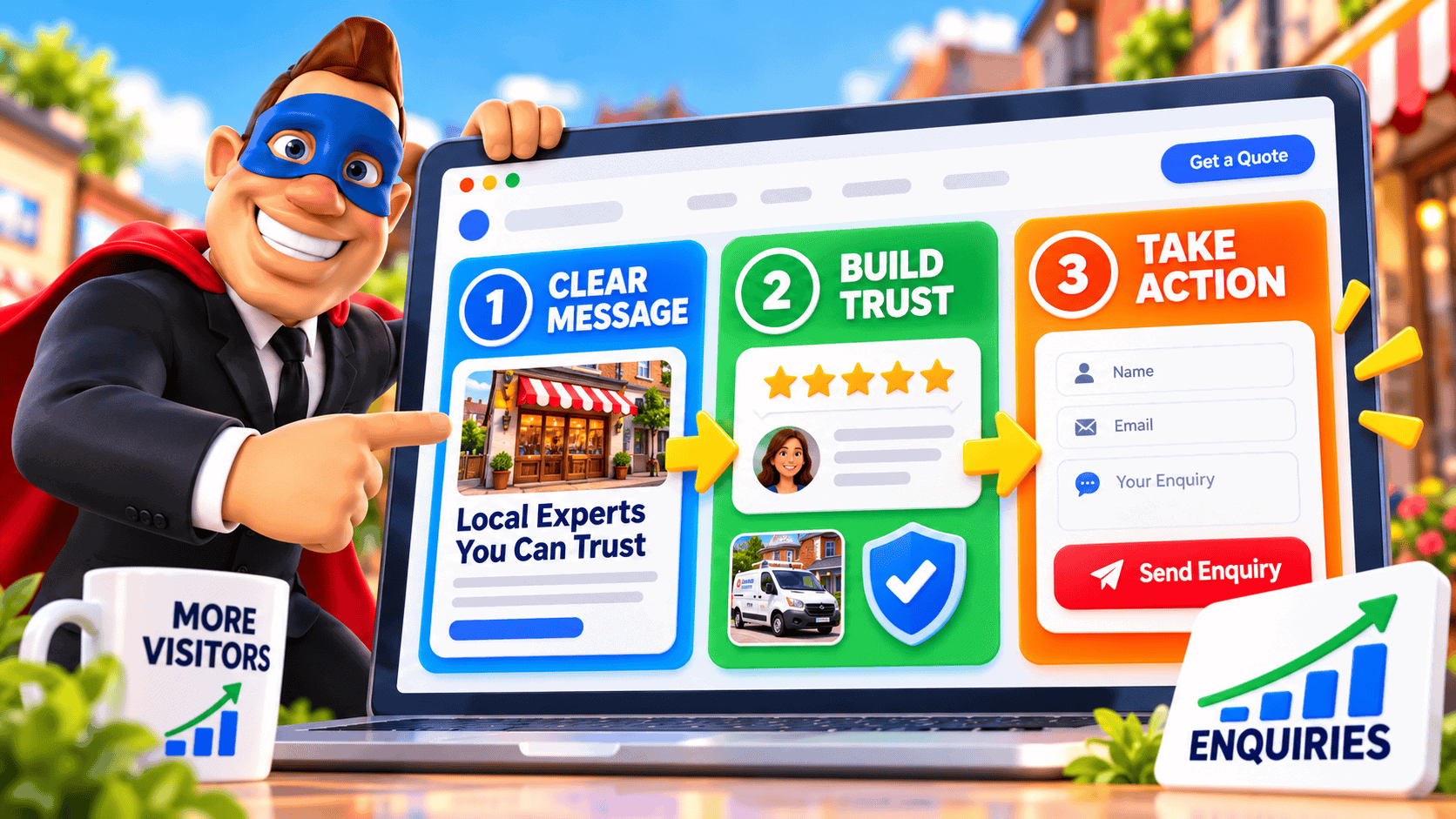 Bizi Guy showing three ways to turn more website visitors into enquiries with clear messaging, trust and a strong call to action