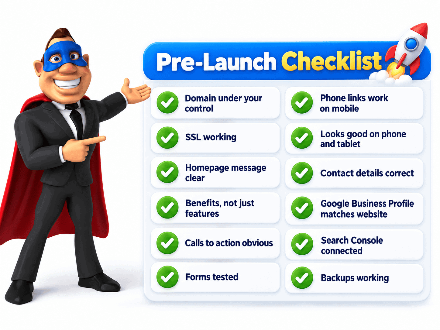 Bizi Guy presenting a pre-launch checklist for a WordPress business website