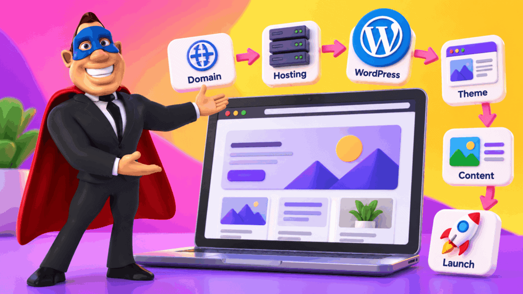 Bizi Guy showing the steps to build a business website with a domain, hosting, WordPress, a theme, content and launch