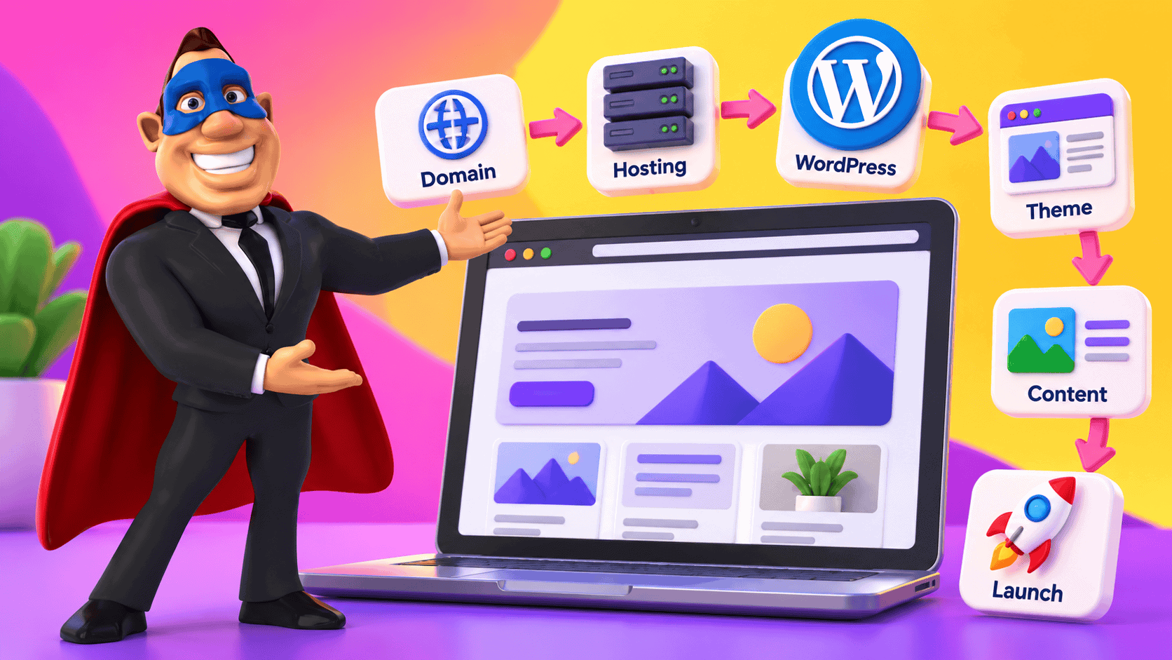Bizi Guy showing the steps to build a business website with a domain, hosting, WordPress, a theme, content and launch