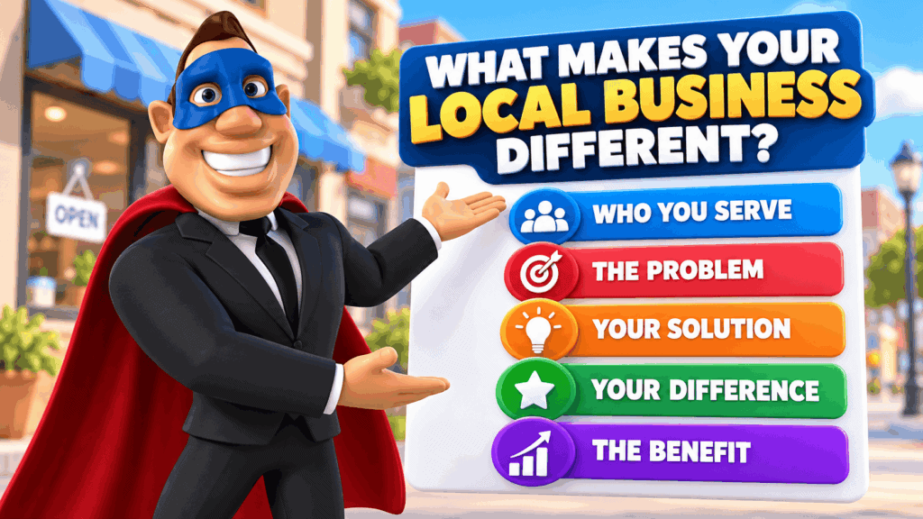 Bizi Guy showing the five questions that help explain what makes a local business different: who you serve, the problem, your solution, your difference and the customer benefit