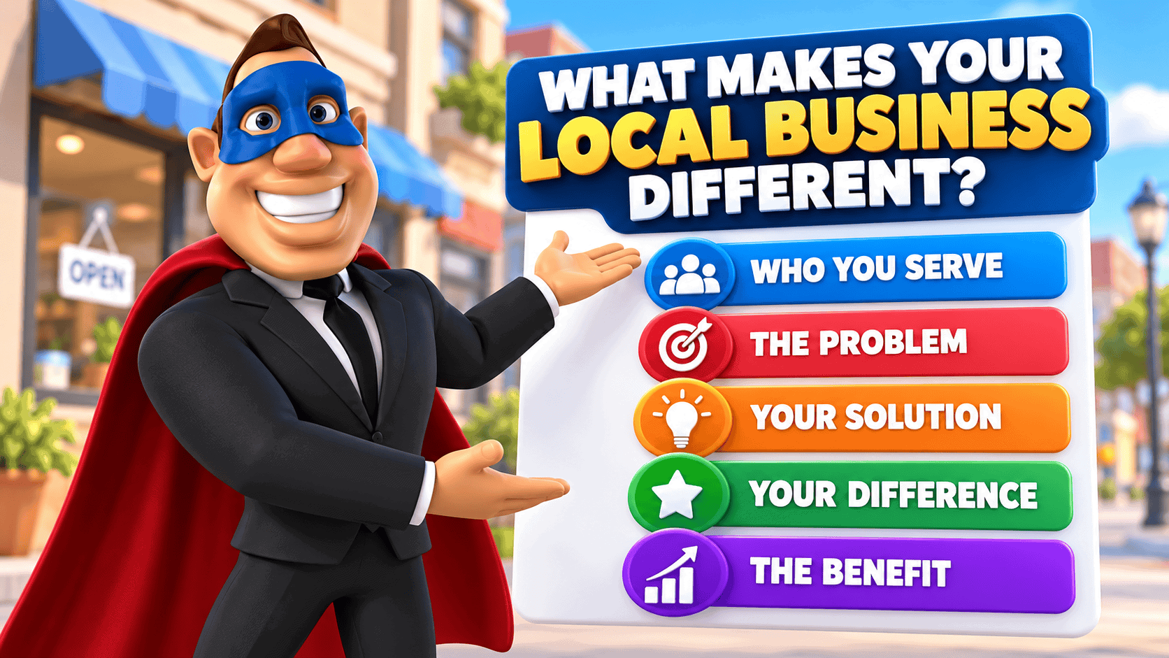 Bizi Guy showing the five questions that help explain what makes a local business different: who you serve, the problem, your solution, your difference and the customer benefit