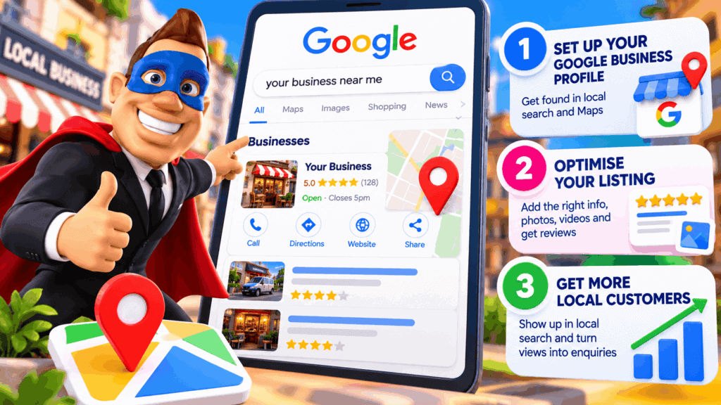 Bizi Guy showing how to get found locally on Google using a Google Business Profile, reviews, local search and Maps
