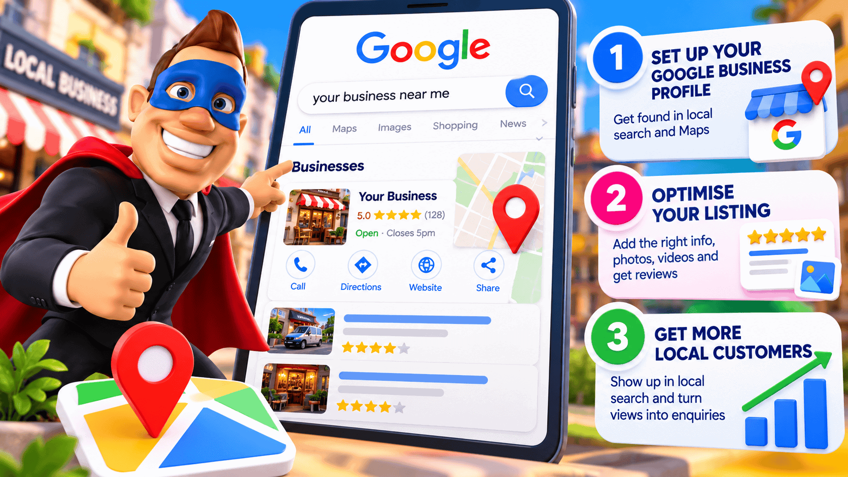 Bizi Guy showing how to get found locally on Google using a Google Business Profile, reviews, local search and Maps