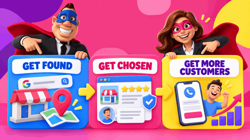 Bizi Guy and Bizi Girl showing the 3-step local marketing process: Get Found, Get Chosen and Get More Customers
