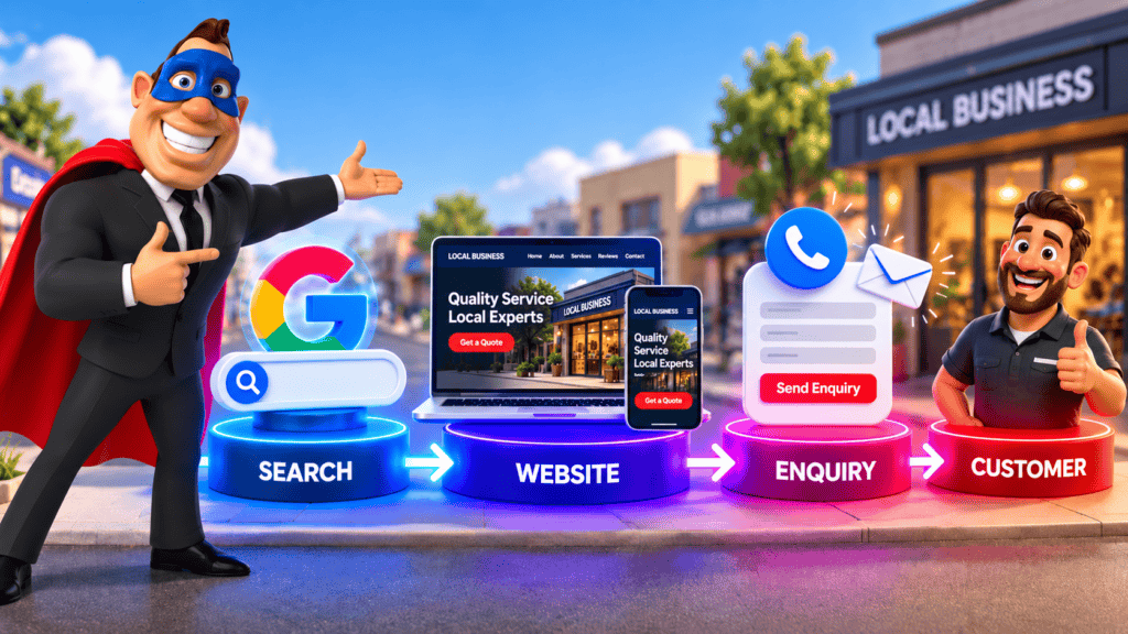 Bizi Guy explaining the Local Lead Website journey from search to website, enquiry and customer