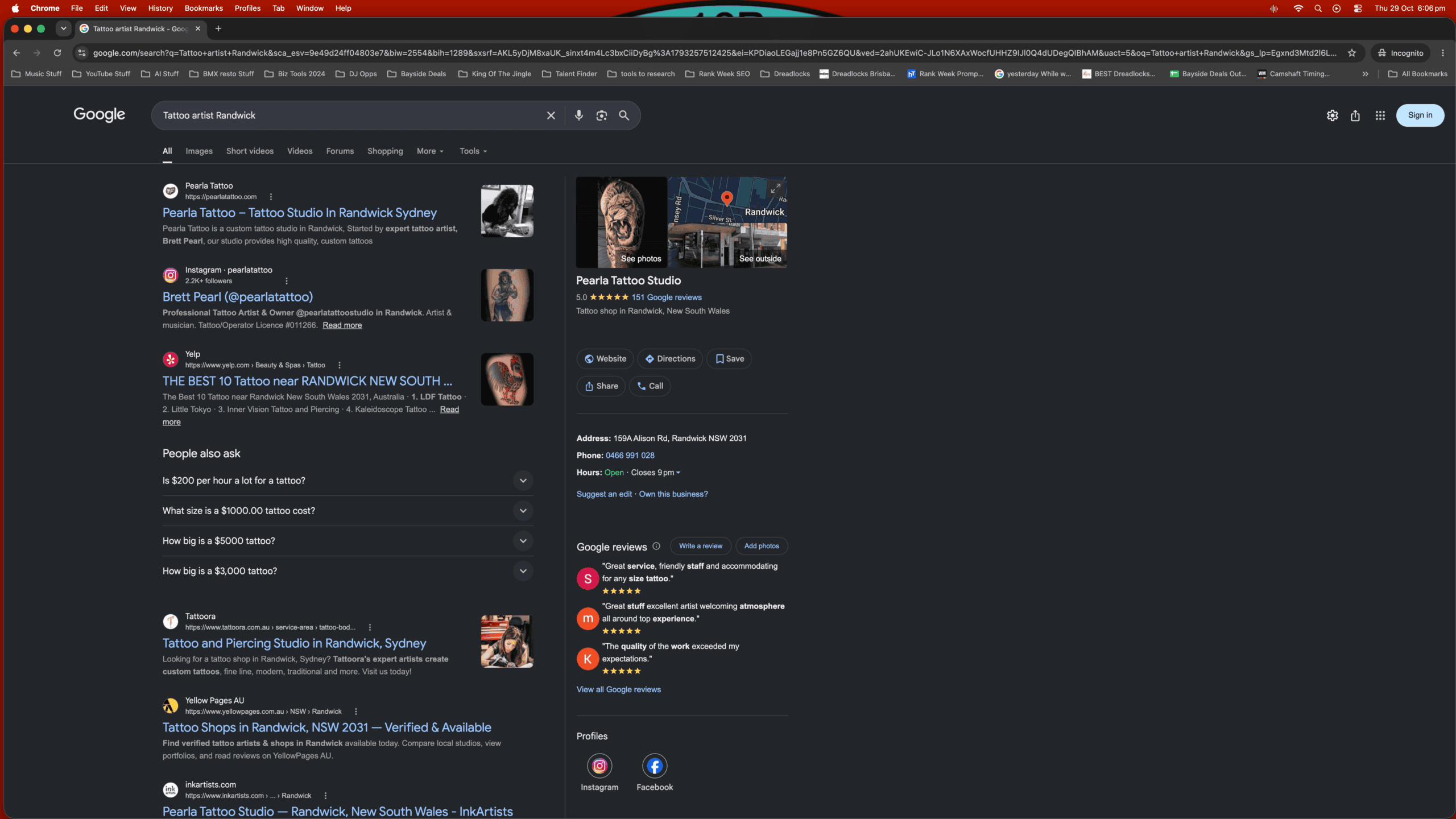 Google results for tattoo artist Randwick, screenshot taken 29 October 2026
