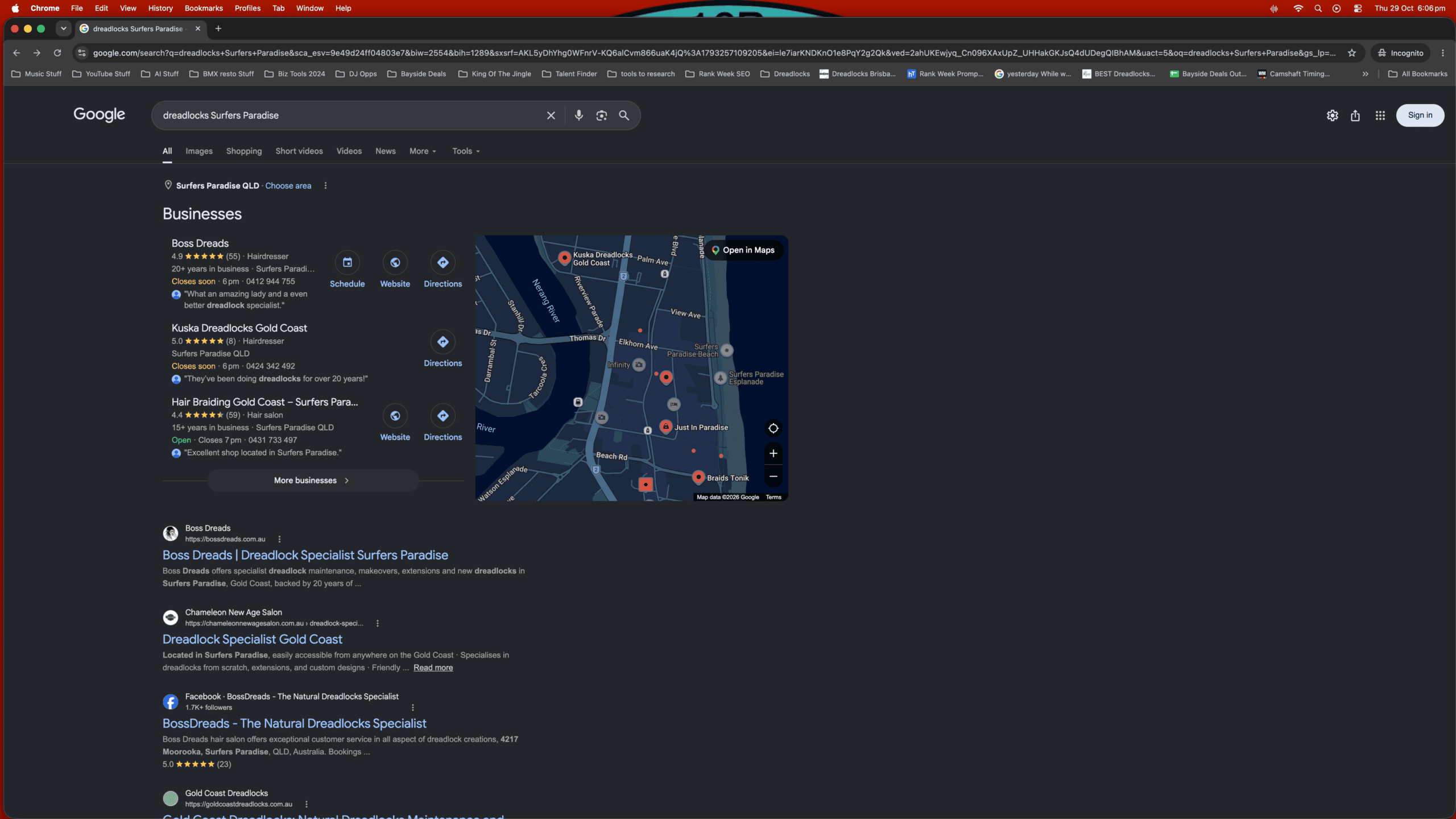 Google results for dreadlocks Surfers Paradise, screenshot taken 29 October 2026